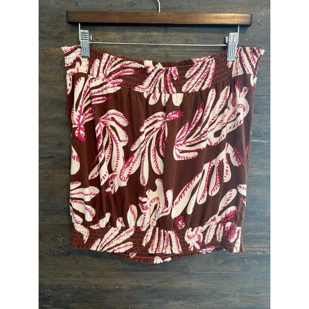Anthropologie Cotton Linen Tropical Leaf Smocked Tube Top Brown Pink Large